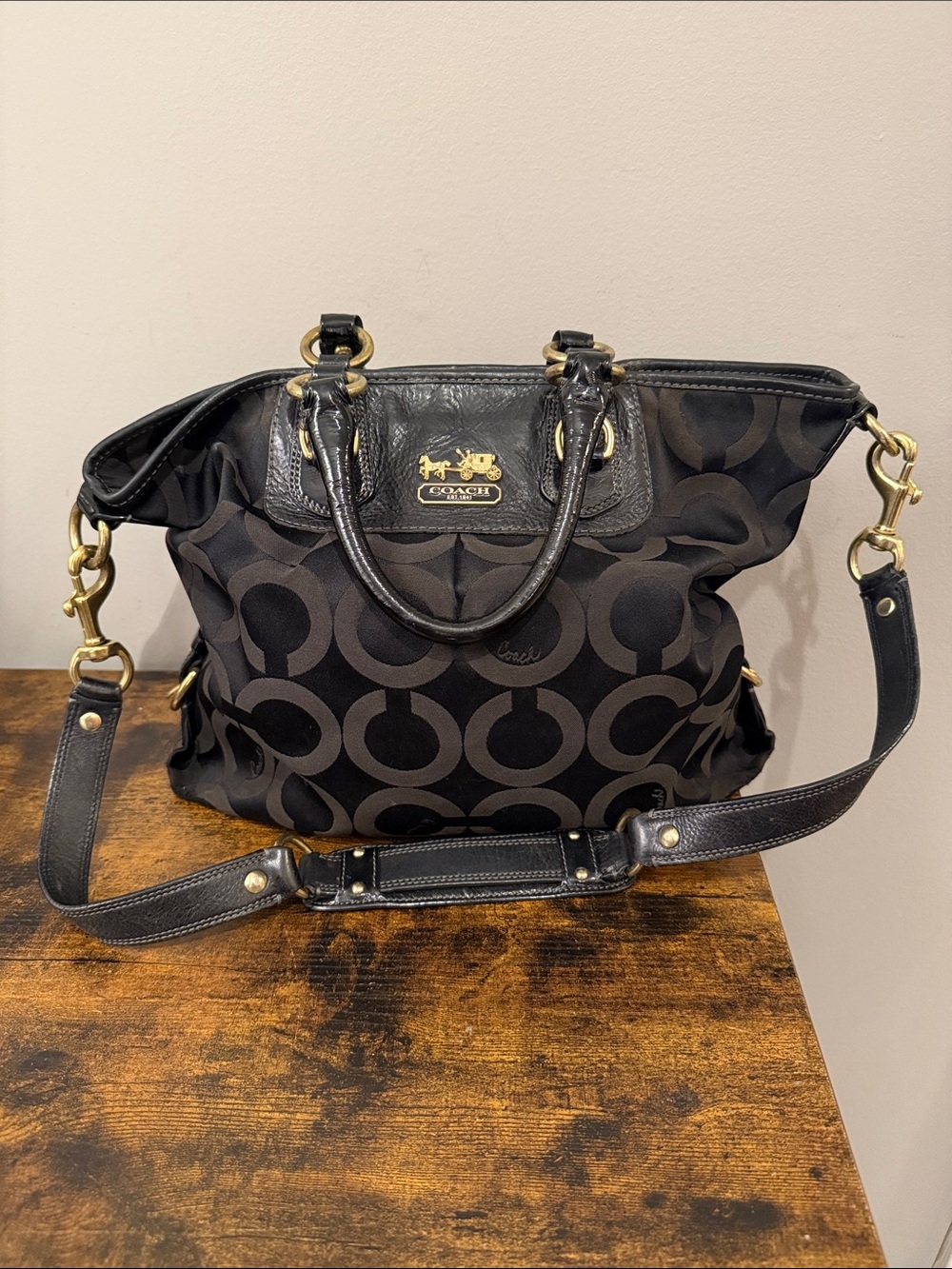 Coach Black Signature Shoulder Bag with Gold Hardware